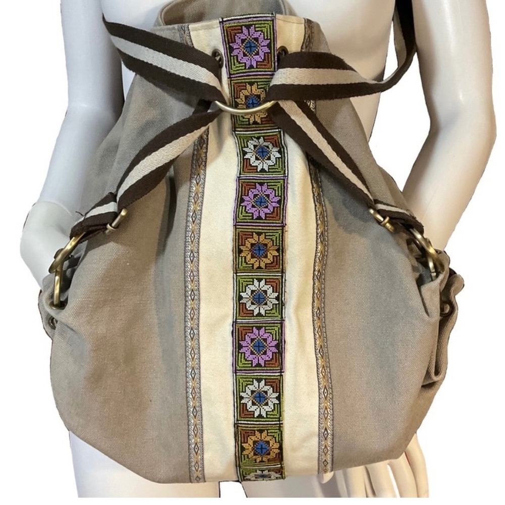 Goodhan Canvas Backpack Tan Boho Embroidered Trim Adjustable Straps Slouchy Folk